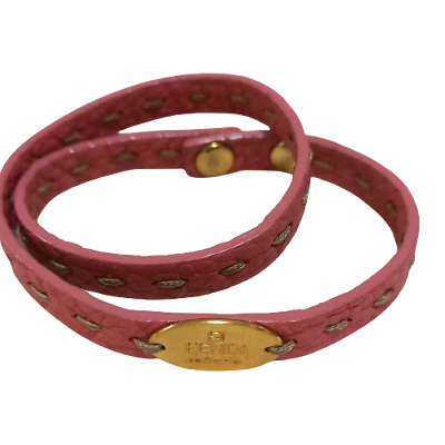 Fendi Authentic Selleria Pink Leather Bangle Bracelet Double Wrap Gold Tone