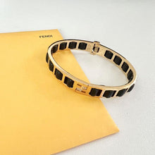 Load image into Gallery viewer, FENDI FF Cuff Bracelet Bangle Gold Plated Black Leather Accessory Italy w/Box
