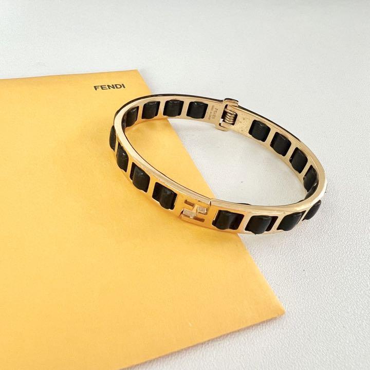 FENDI FF Cuff Bracelet Bangle Gold Plated Black Leather Accessory Italy w/Box