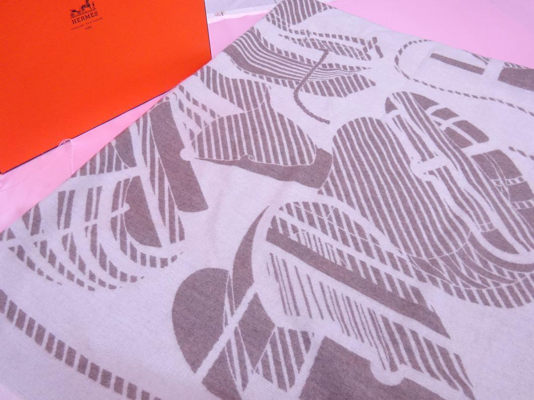 HERMES Paris Plaid Thalassa Blanket Throw Sable Gray Wool 100% 150 × 200cm