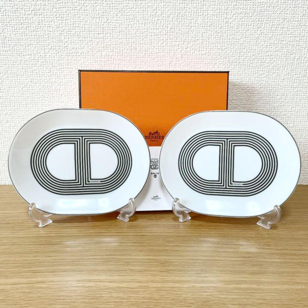 Hermes Paris Rallye 24 Oval Mini Plate 2 Pieces White 15x12cm Porcelain w/Box