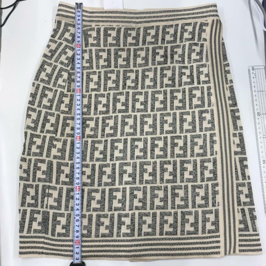 Fendi Zucca FF Logo Wrap Around Skirt Cream Color Knitted Cotton Blend 44/US 10
