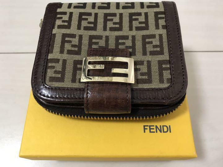 FENDI FF Zucca Compact Wallet Zip Around Snap Button Brown Canvas w/Box Italy
