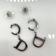 Load image into Gallery viewer, Christian Dior CD Logo Rhinestone Motif Silver Tone Drop Dangle Pierced Earrings

