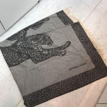 Load image into Gallery viewer, Hermes Paris Fringe Detail leopard Throw Blanket Gray Cashmere Size 85&quot; x 59&quot;
