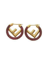 Load image into Gallery viewer, Fendi F Is Logo Pink Rhinestone Hoop Earrings Pierce Gold Plated GP Jewelry Box
