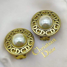Load image into Gallery viewer, Christian Dior Circle CD Logo Pearl Earrings Clip On Gold Plated GP Accessory
