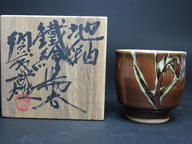 Japanese Pottery Artist TAKEO SUDO Ground Glaze Iron Picture Yunomi Teacup Box