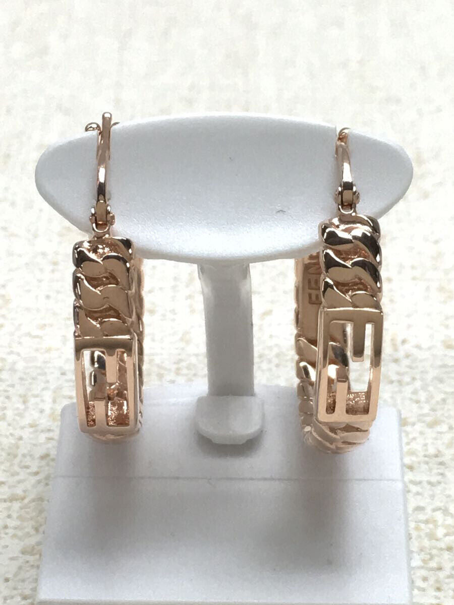 Fendi Auth. FF Logo Hoop Earrings Pierce Brassy Color Lever Back Accessory w/Box