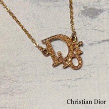 Load image into Gallery viewer, Christian Dior Logo Motif Rhinestone Chain Necklace Pendant Gold Plated GP 41cm

