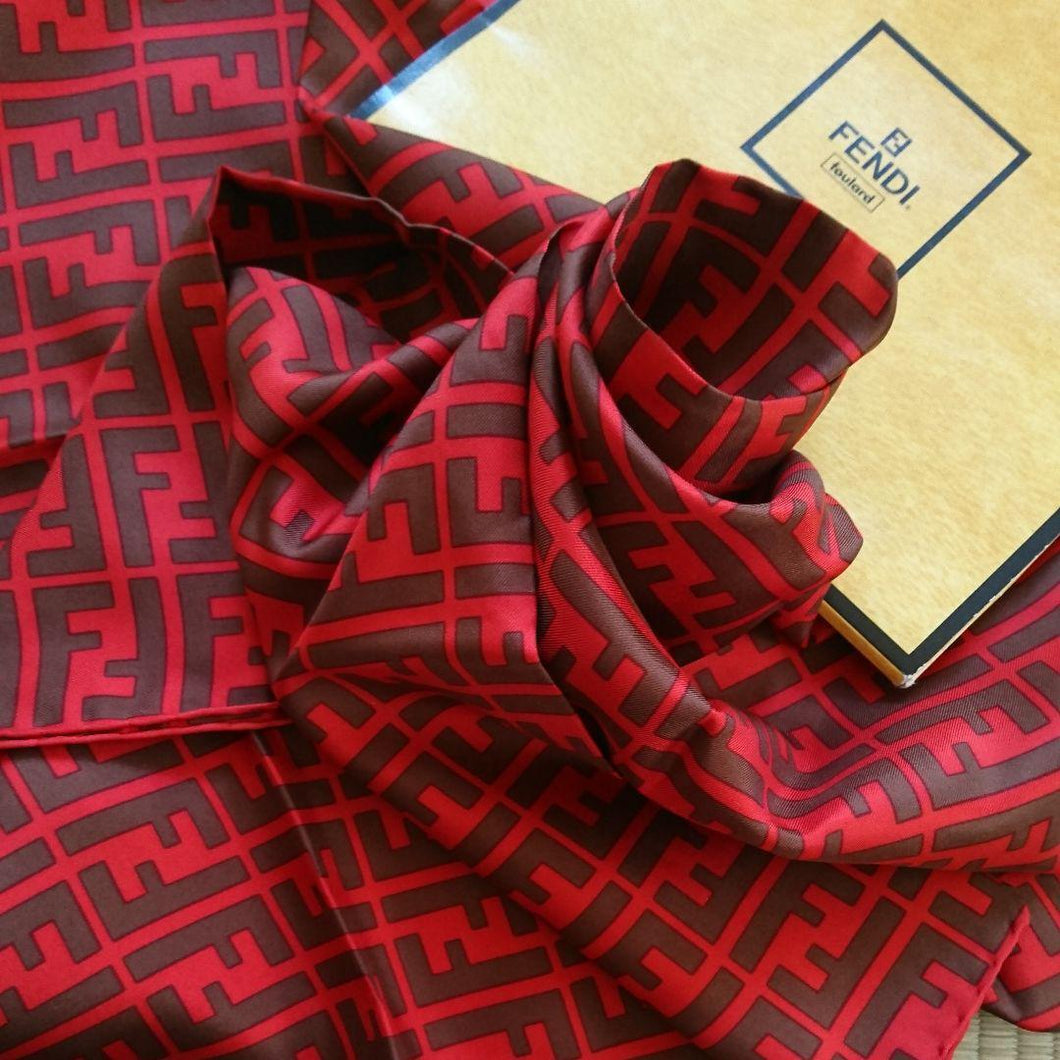 Fendi Auth. Zucca Logo Pattern Scarf Stole 100% Silk Red Brown 86cm Accessory