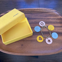 Load image into Gallery viewer, FENDI Coin Motifs Chain Bangle FF Logo Heart Star Gold Blue BRACELET Italy w/Box
