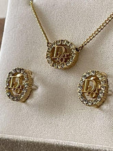 Load image into Gallery viewer, Christian Dior Vintage Logo Necklace &amp; Earrings Set Gold Charm Accessory w/Box
