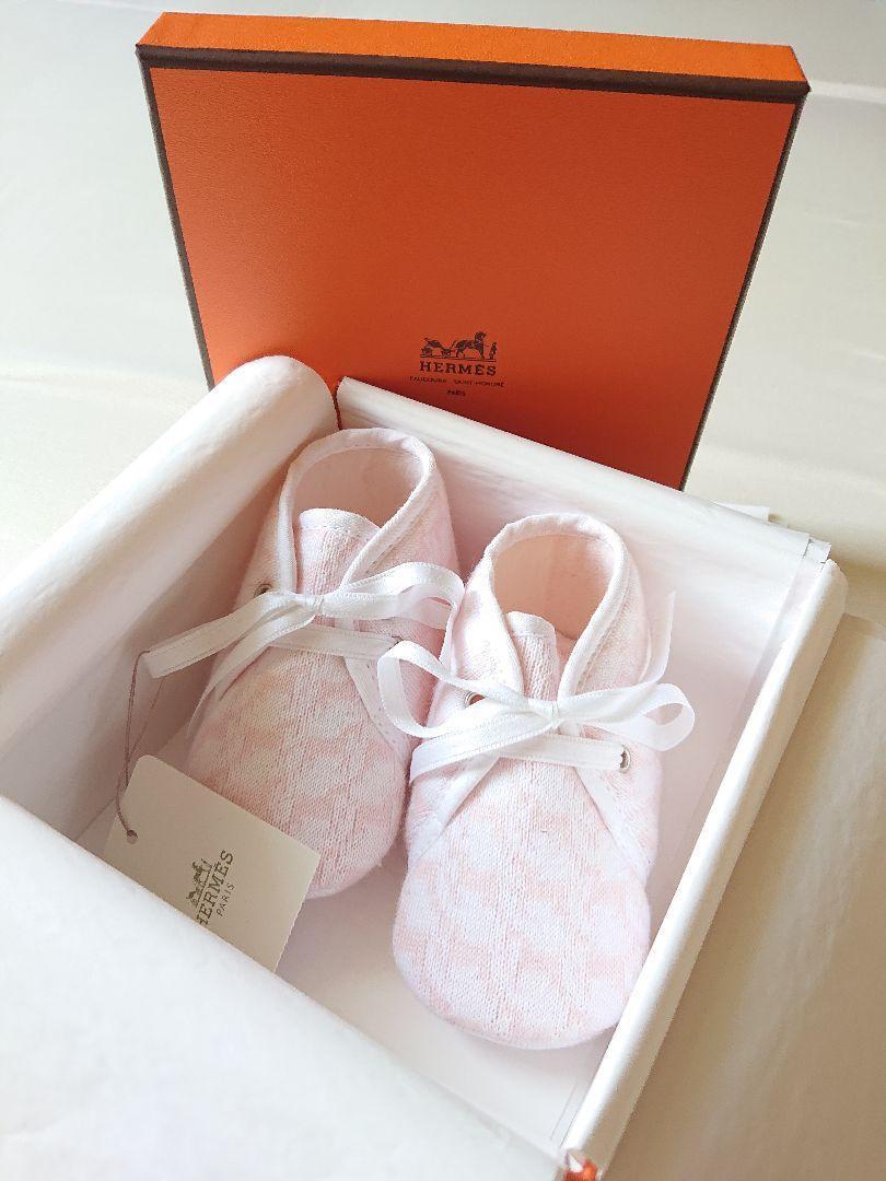 HERMES Paris Authentic Baby First Shoes 10cm Cotton Light Pink String Tie w/Box