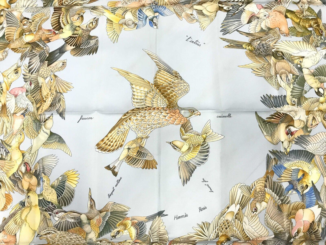 HERMES Carre 90 L'INTRUS Intruder bird Scarf silk Light Blue