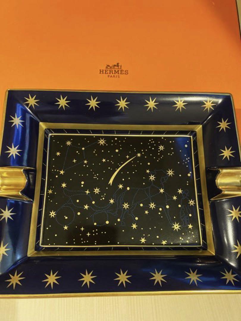 HERMES Paris Cigar Tray Ashtray Porcelain Carriage Stars Interior Black Navy Box