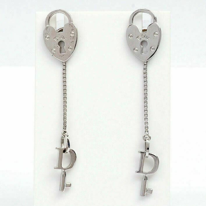 Christian Dior Heart Cadena Logo Key Dangle Pierce Earrings Silver Accessory