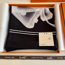 Load image into Gallery viewer, HERMES Paris Auth. Carre 70 100% Silk PLEASE CHECK IN Scarf Stole Black w/Box
