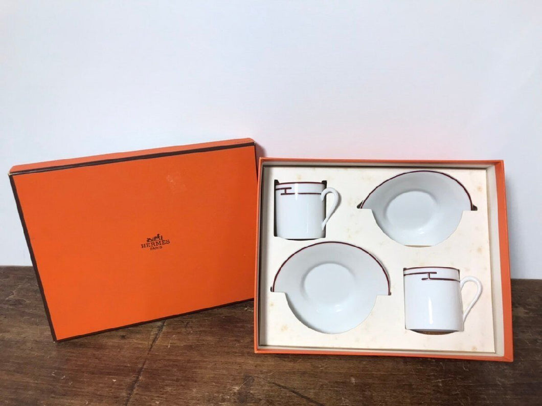 Hermes Paris Rhythm Rythme Demitasse Cup & Saucer Set of 2 Porcelain Red w/Box