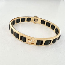 Load image into Gallery viewer, FENDI FF Cuff Bracelet Bangle Gold Plated Black Leather Accessory Italy w/Box
