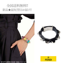 Load image into Gallery viewer, FENDI Bangle Bracelet Studs Leather WRISTBAND Black Silver Ladies Italy w/Box
