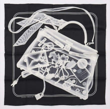 Load image into Gallery viewer, HERMES Paris Auth. Carre 70 100% Silk PLEASE CHECK IN Scarf Stole Black w/Box

