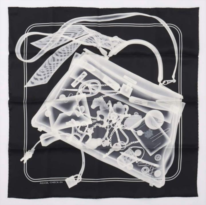 HERMES Paris Auth. Carre 70 100% Silk PLEASE CHECK IN Scarf Stole Black w/Box