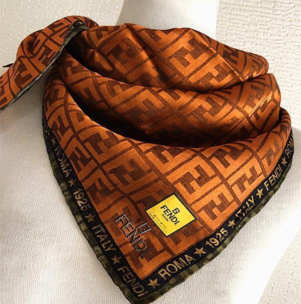 Fendi Mini Scarf Handkerchief Logo Embroidered Zucca Silk Cotton 58 x 57.5cm