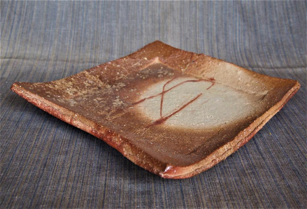 Bizen Ware By Ryuichi Kakurezaki Hidasuki Red Square Plate Pottery 30x26.5cm