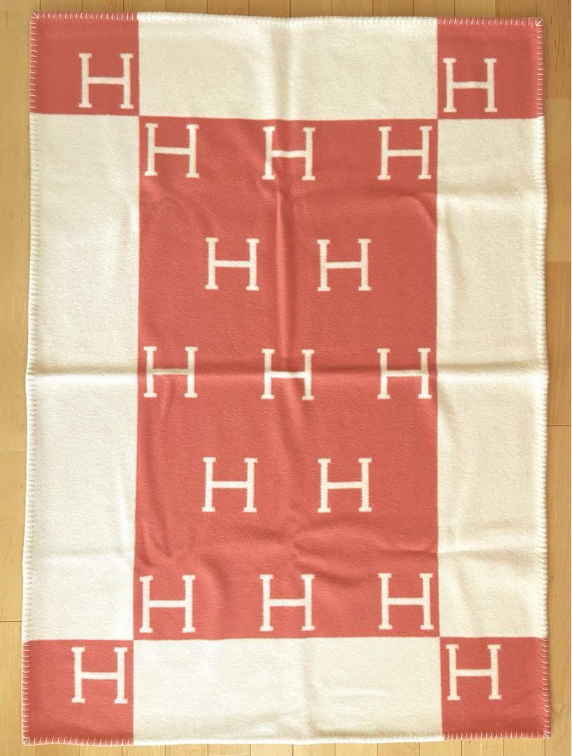 HERMES Paris Avalon Plaid Baby Blanket Throw Wool Blend Rose Errel 100 x 140cm