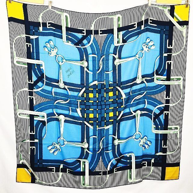HERMES Paris Carre140 Stole Shawl MORS a JOUETS Cashmere Silk Blue Multicolor