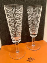 Load image into Gallery viewer, HERMES Paris Pair Champagne Wine Glass Clear Kiriko Pattern Drinkware w/Box
