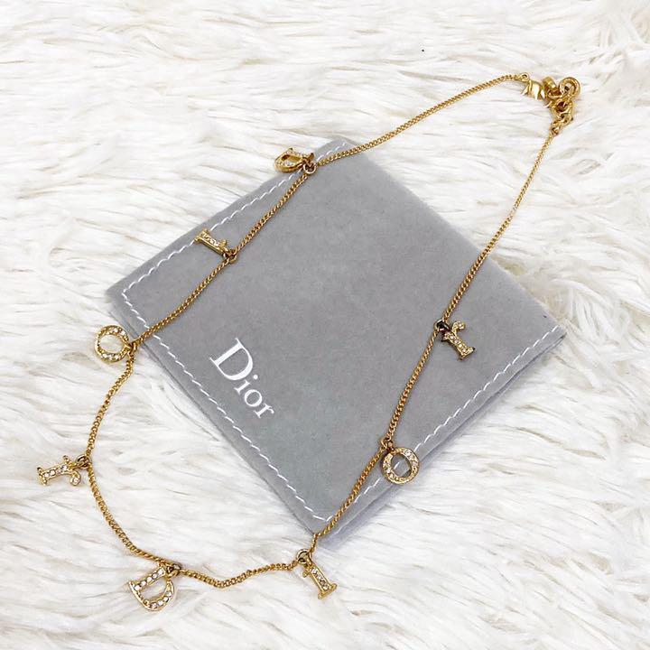Christian Dior Alphabet Logo Rhinestone Chain Necklace Pendant Gold Plated 40cm