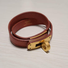 Load image into Gallery viewer, HERMES Paris Kelly Bag Clasp Bracelet Bangle Brown Leather Gold Tone Toggle 36cm
