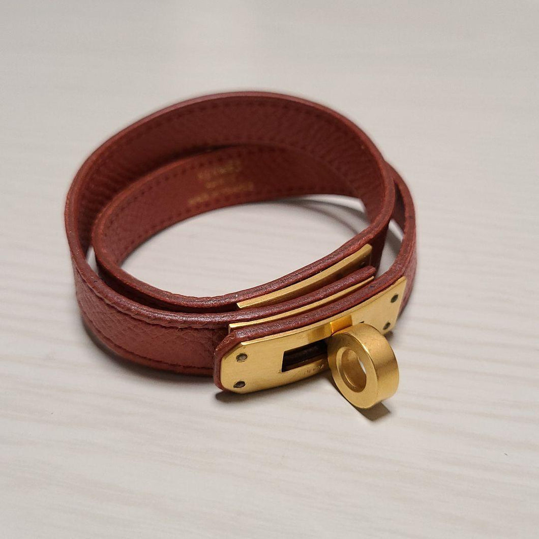 HERMES Paris Kelly Bag Clasp Bracelet Bangle Brown Leather Gold Tone Toggle 36cm