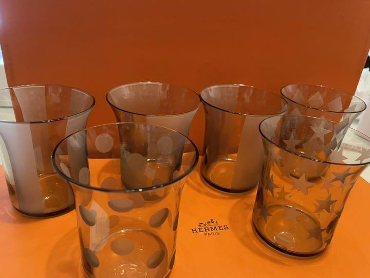 HERMES Paris Tumbler Glasses Set of 6 Rock Glass Crystal Clear Glassware w/Box