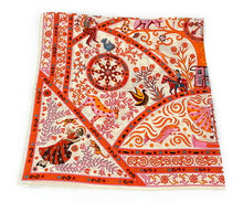 Load image into Gallery viewer, HERMES Paris Carre 140 Cashmere Silk Stole Shawl Peuple Du Vent Orange Multi
