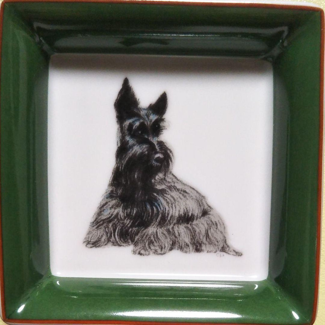 Hermes Paris Mini Trinket Case Porcelain Ashtray Scottish Terrier Green w/Box