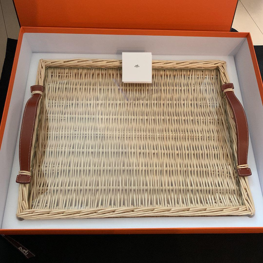 HERMES Paris Osier OSERAIE Wicker Tray with Leather Handles Glass 40X32cm w/Box