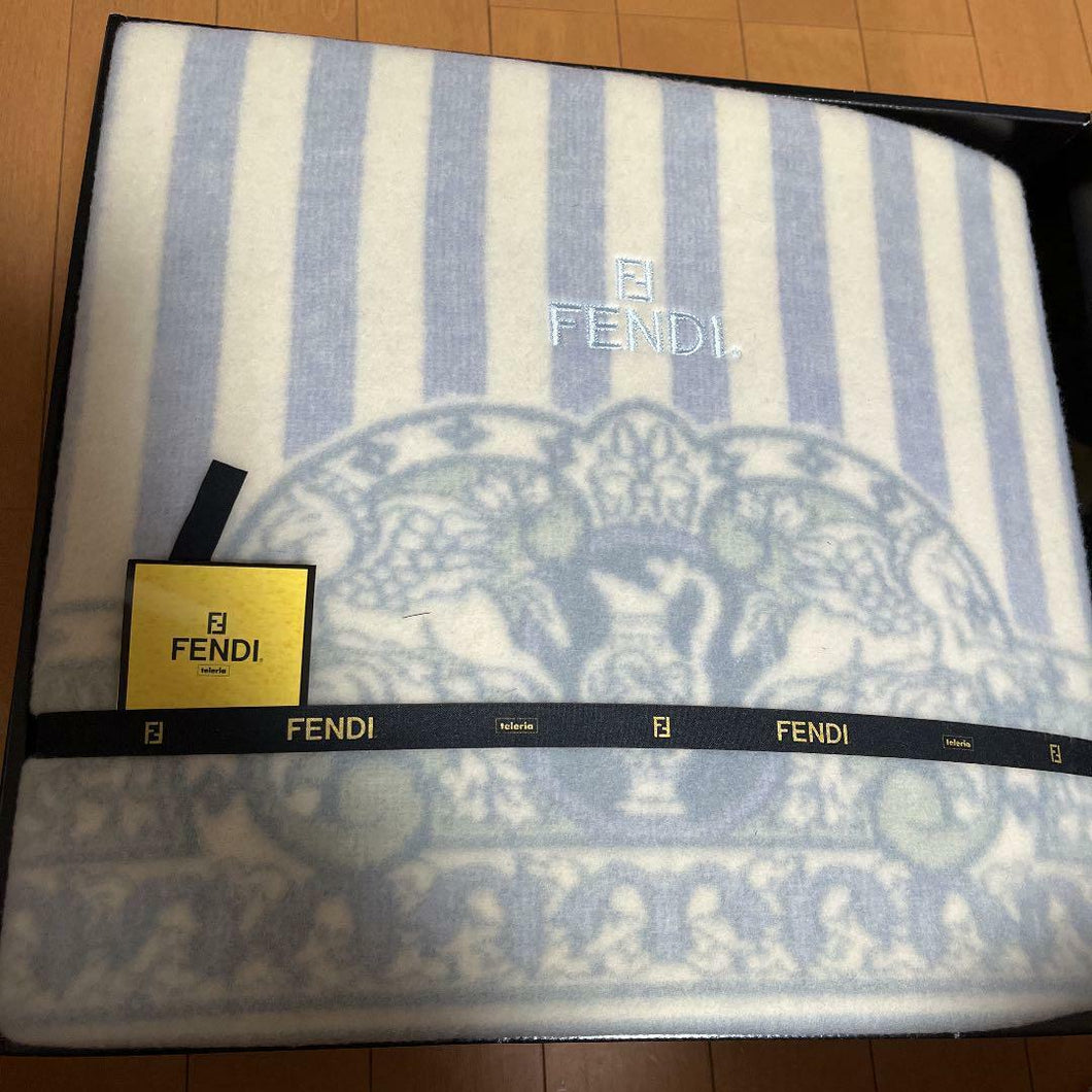 Fendi Blanket Throw 100% Wool Striped White Blue 150 x 210cm Japan Made No Box