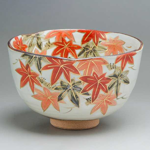 Japanese Pottery Kyo Kiyomizu Ware Red Maple Leaf Matcha Tea Bowl D12 x H8cm