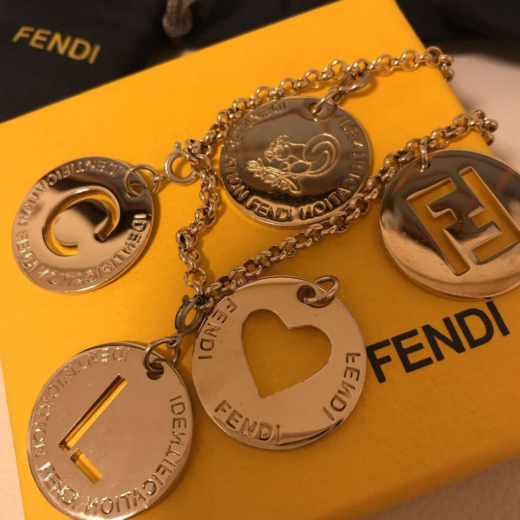 FENDI 5 Coin Motifs Chain BRACELET Bangle Logo Heart Gold Tone 18cm Italy w/Box