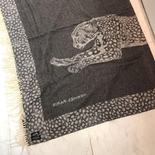 Load image into Gallery viewer, Hermes Paris Fringe Detail leopard Throw Blanket Gray Cashmere Size 85&quot; x 59&quot;
