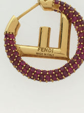 Load image into Gallery viewer, Fendi F Is Logo Pink Rhinestone Hoop Earrings Pierce Gold Plated GP Jewelry Box
