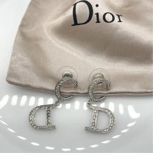 Load image into Gallery viewer, Christian Dior CD Logo Rhinestone Motif Silver Tone Drop Dangle Pierced Earrings
