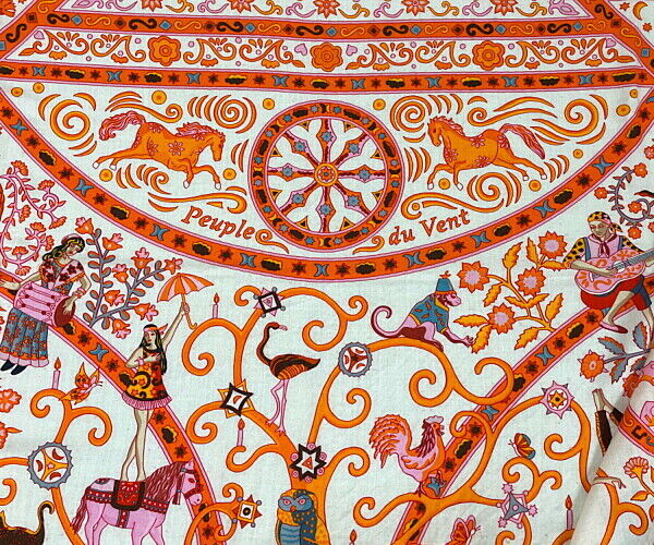 HERMES Paris Carre 140 Cashmere Silk Stole Shawl Peuple Du Vent Orange Multi