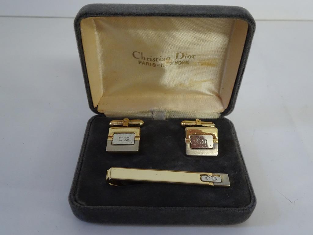 Christian Dior CD Logo Tiepin & Cufflinks Set Gold Silver Men's Accessory w/Box
