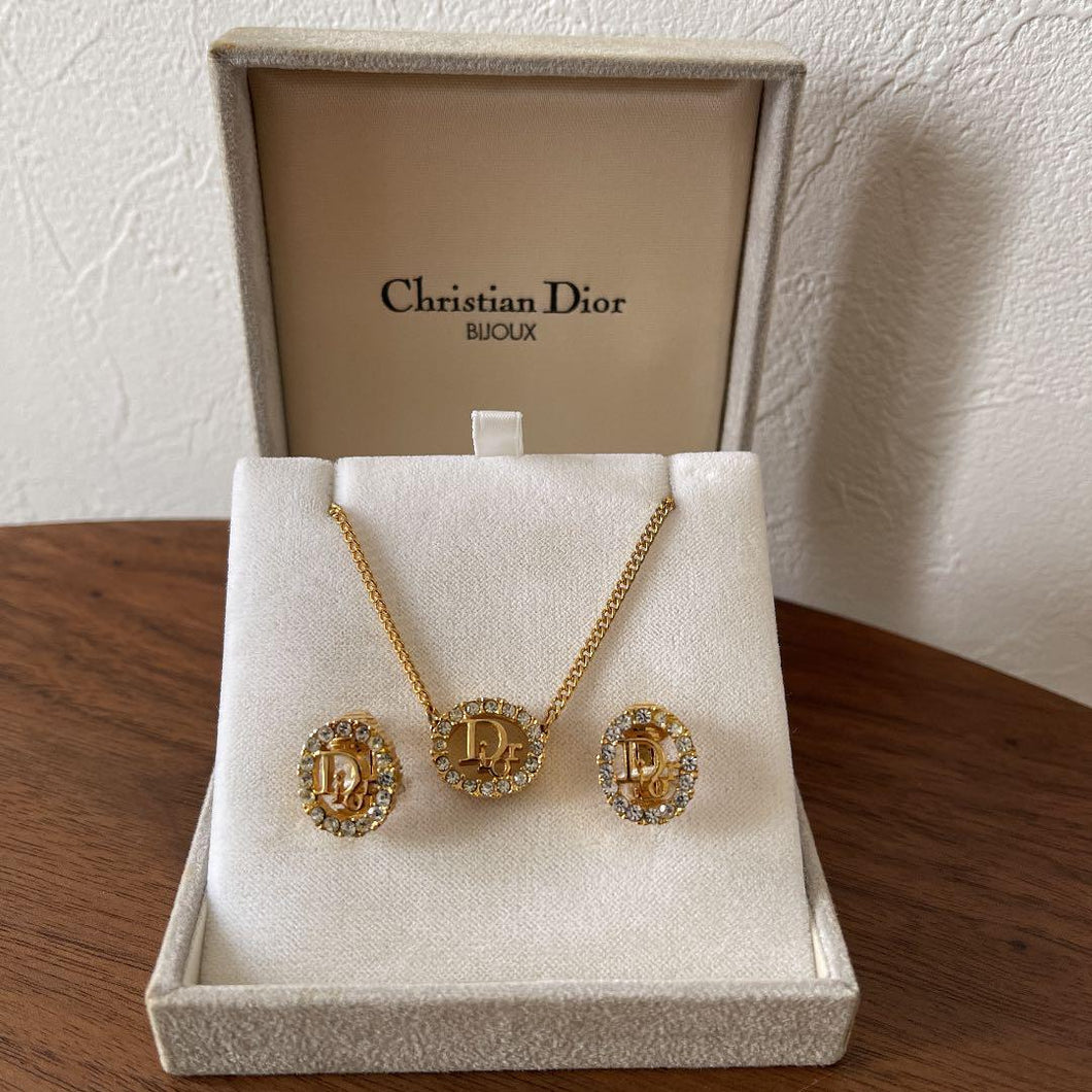 Christian Dior Vintage Logo Necklace & Earrings Set Gold Charm Accessory w/Box