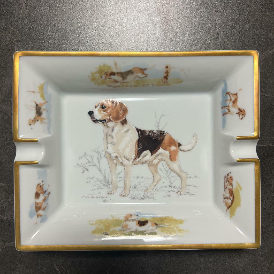Hermes Paris Porcelain Cigar Ashtray Beagle Dog White Brown L15xW19cm Interior
