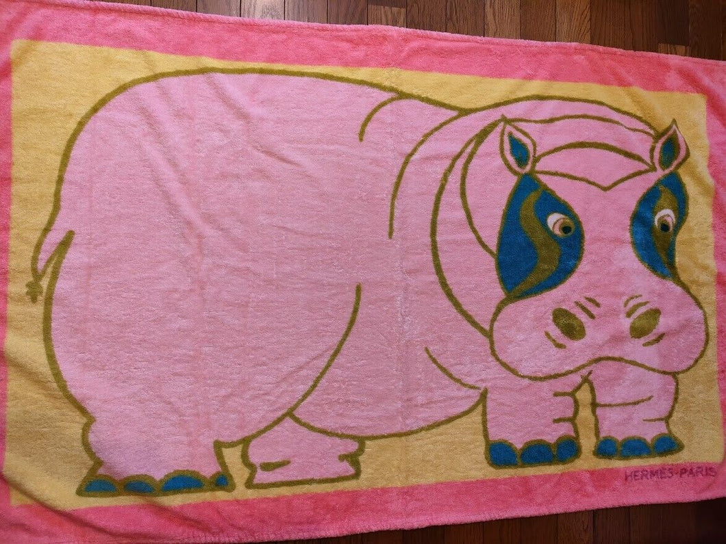 HERMES Paris Beach Towel Bath Towel Cotton 100% Hippopotamus Pink 145 x 90cm